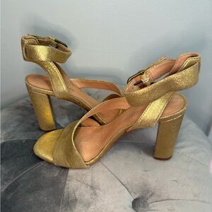 Madewell Gold Metallic Block Heel Sandals leather Size 8